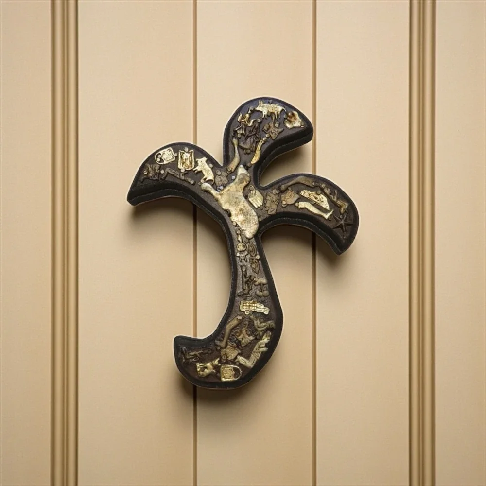 Mexican Folk Art Wall Hanging‎ Milagros Brown Wood Cross Gold Prayer Charms 9.5